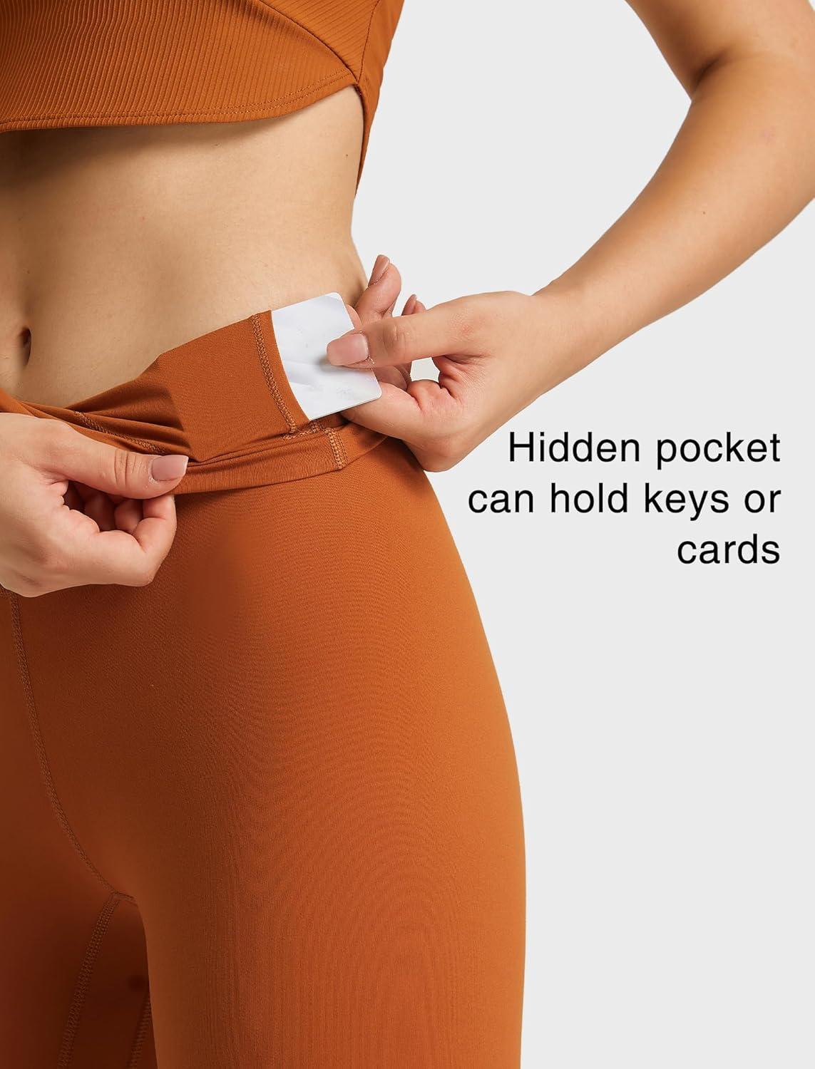 Yvette Womens High Waist Athletic Leggings with Inner Pockets Tummy Control Tights(Brown)