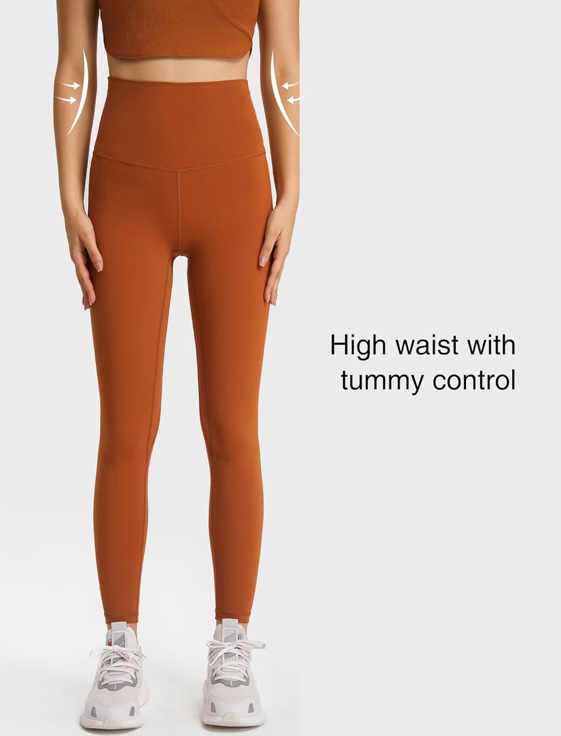 Yvette Womens High Waist Athletic Leggings with Inner Pockets Tummy Control Tights(Brown)