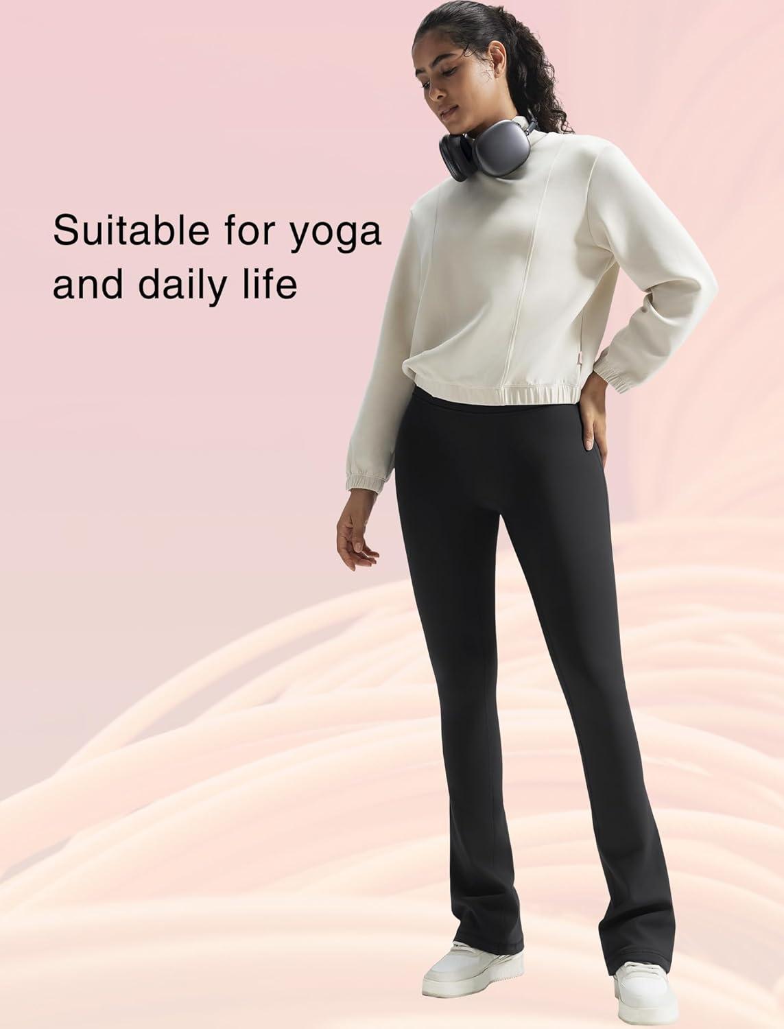 Yvette Womens Flare Fleece-Lined Leggings High Waisted Yoga Pants for Daily Wear(Black)