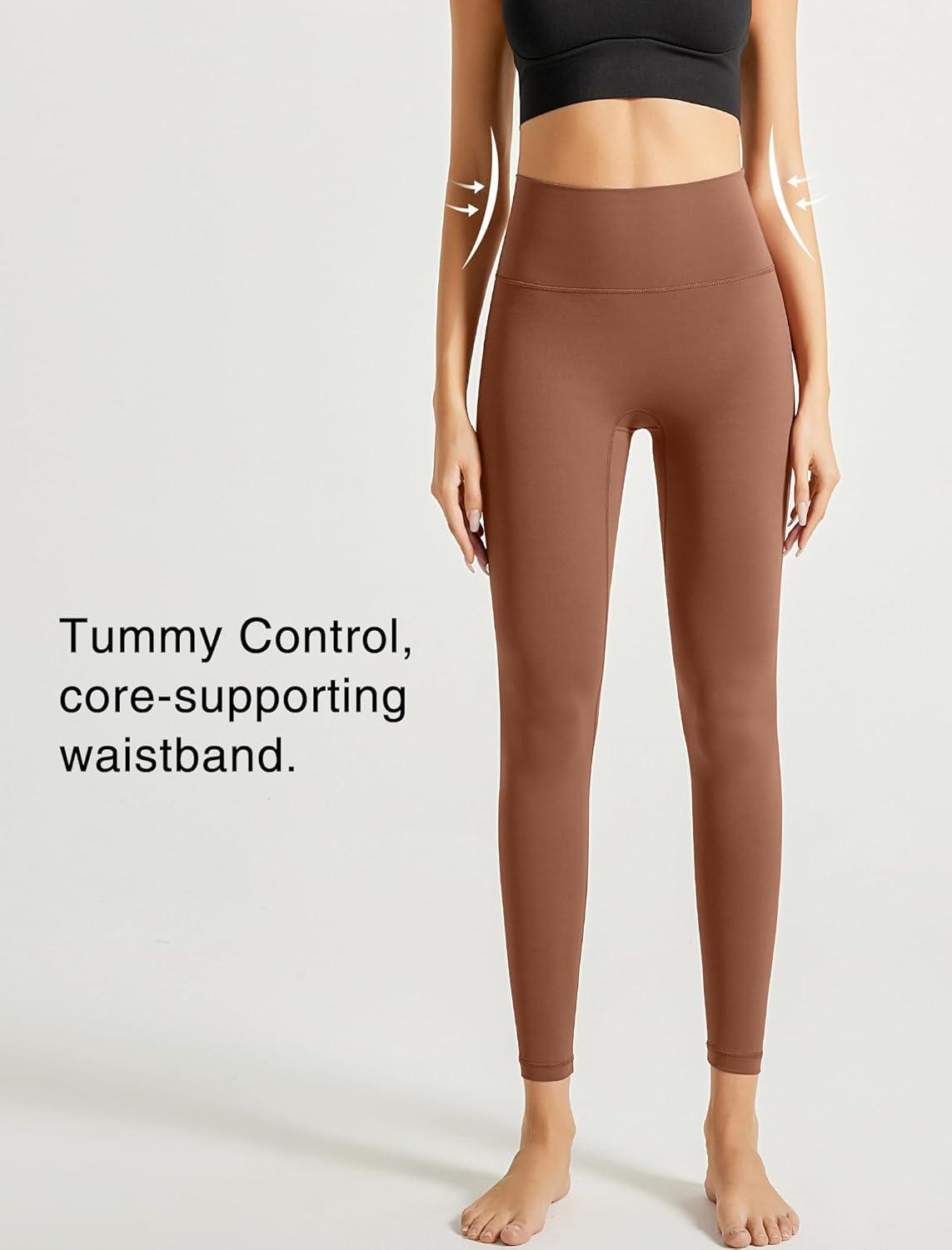 Yvette Leggings for Women with Pockets High Waist Athletic Non See-Through Tights(Brown)