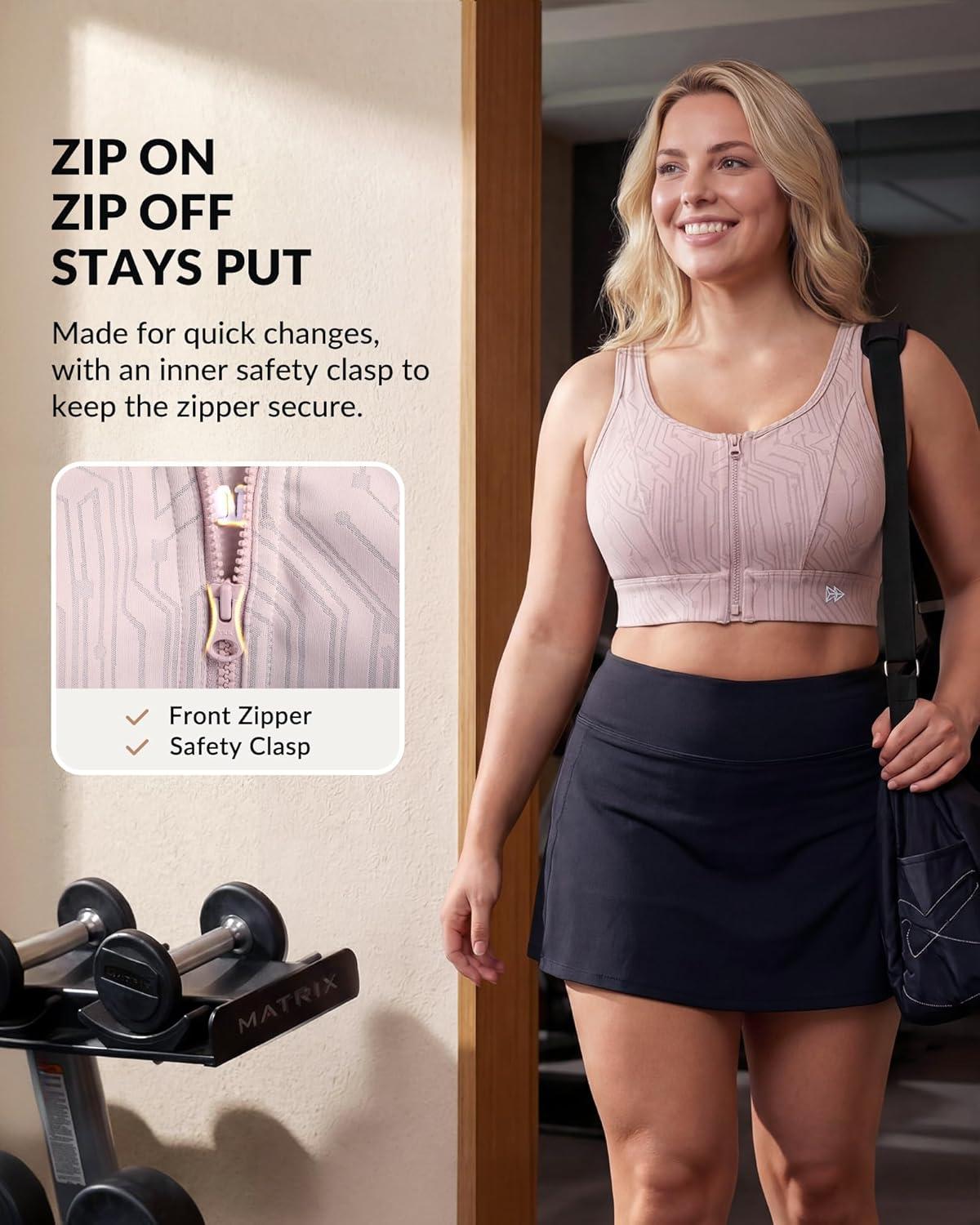 Yvette Front Zip Sports Bra for Women, High Support Full Coverage Workout Bra with Sewn-In Molded Cups, Wide Underband(Pink)