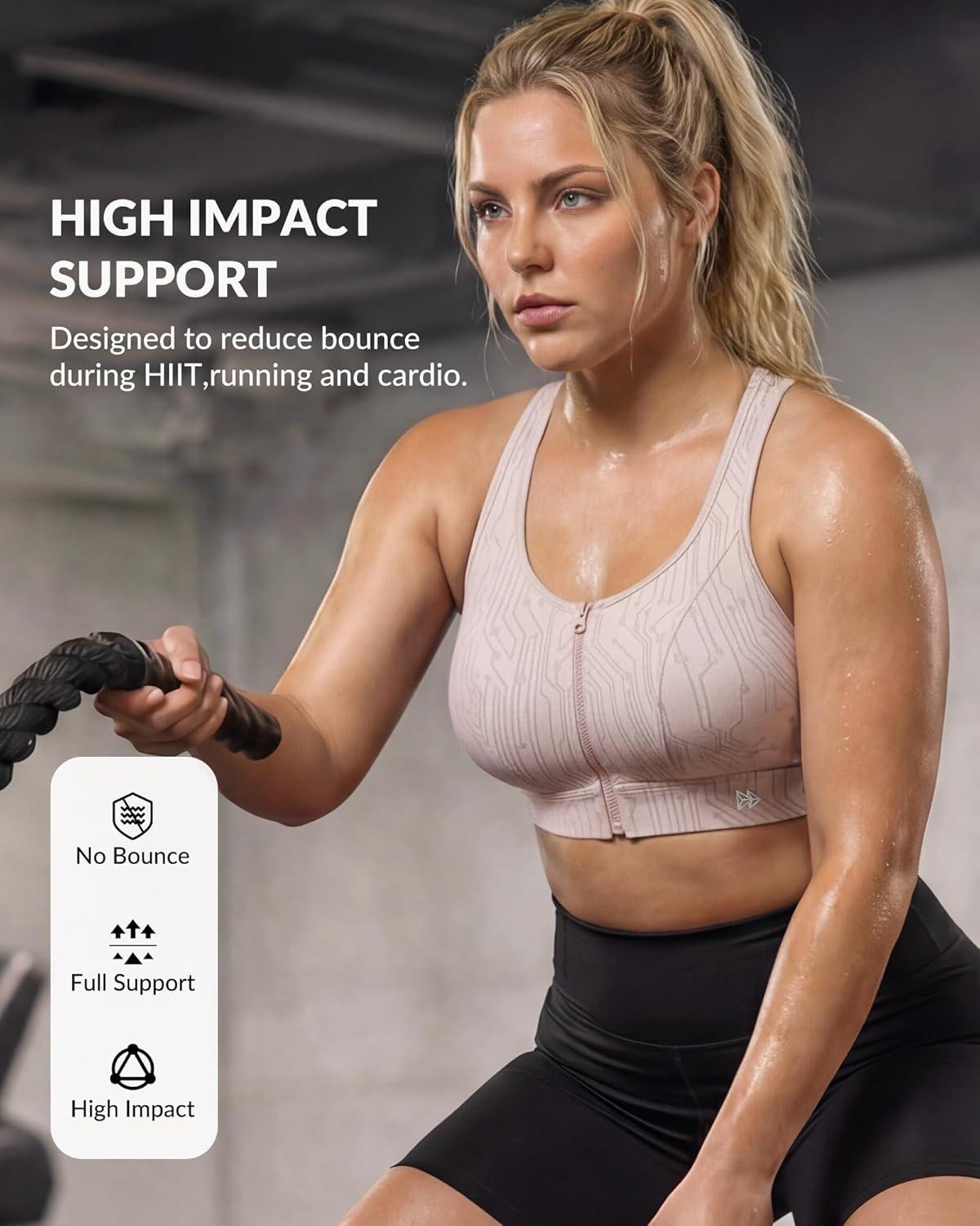 Yvette Front Zip Sports Bra for Women, High Support Full Coverage Workout Bra with Sewn-In Molded Cups, Wide Underband(Pink)