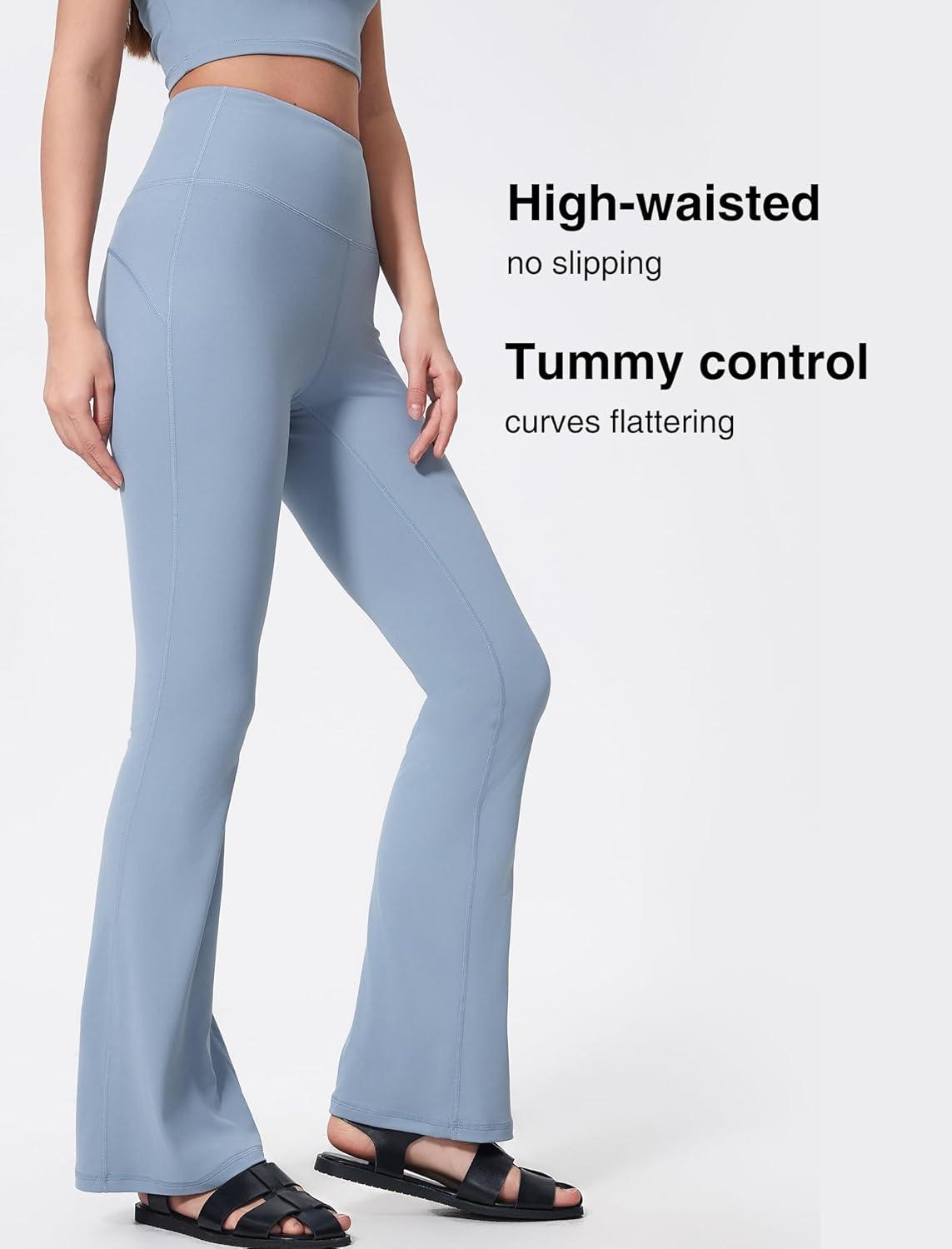 Yvette Womens High Waist Yoga Leggings Flare Pants for Workout Daily Wear(Blue)