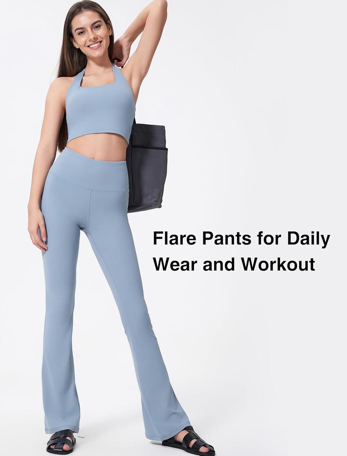 Yvette Womens High Waist Yoga Leggings Flare Pants for Workout Daily Wear(Blue)