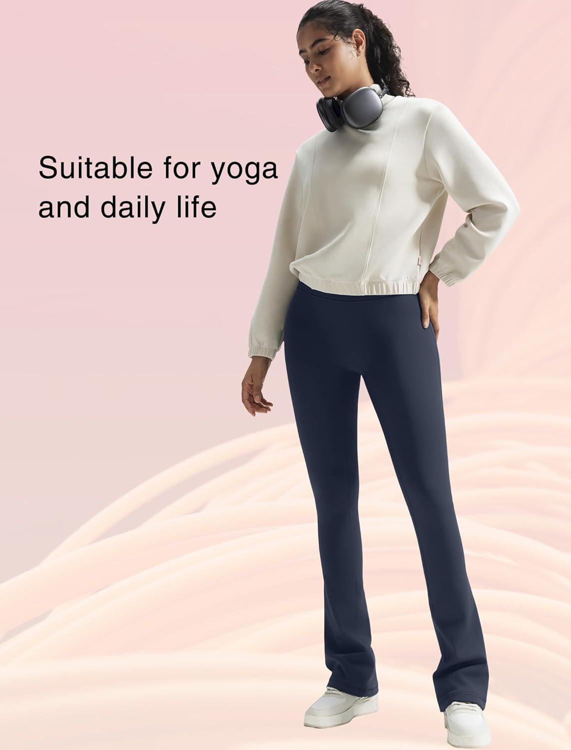 Yvette Womens Flare Fleece-Lined Leggings High Waisted Yoga Pants for Daily Wear(Navy)