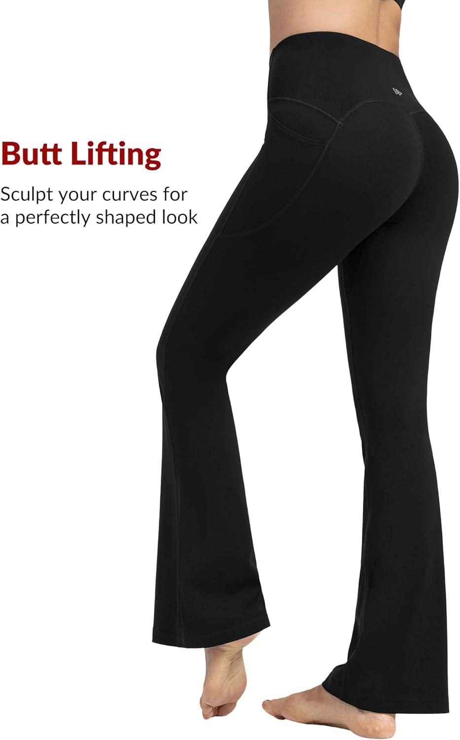 Yvette Flare Yoga Leggings for Women with Pockets High Waisted Tummy Control Non See Through Gym Workout Bootcut Pants(Black)