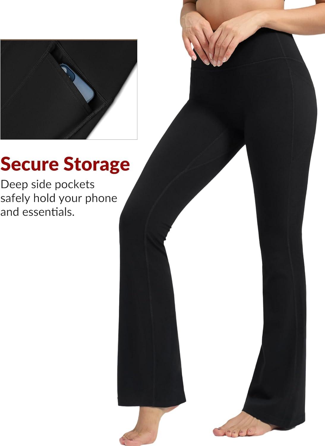 Yvette Flare Yoga Leggings for Women with Pockets High Waisted Tummy Control Non See Through Gym Workout Bootcut Pants(Black)