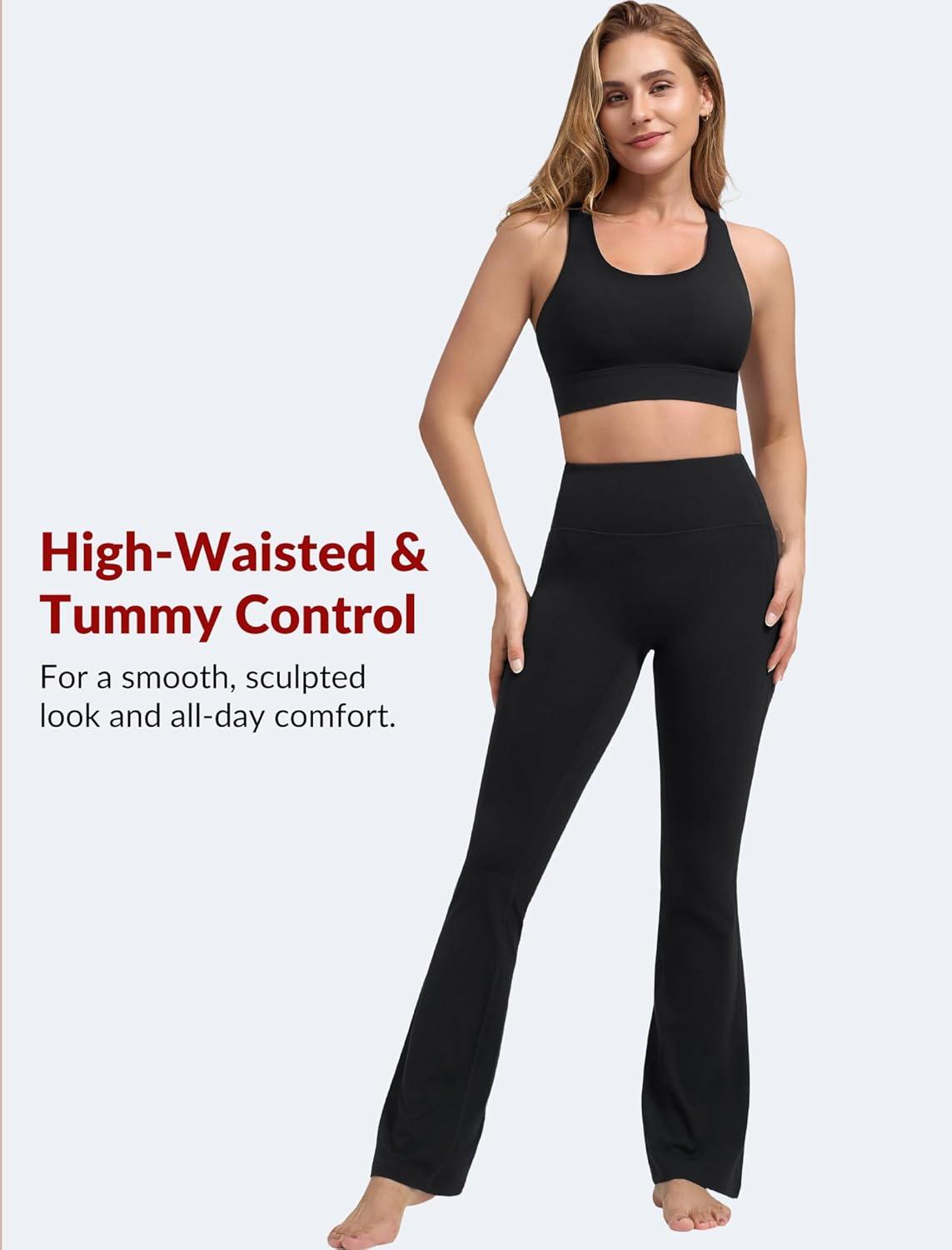 Yvette Flare Yoga Leggings for Women with Pockets High Waisted Tummy Control Non See Through Gym Workout Bootcut Pants(Black)