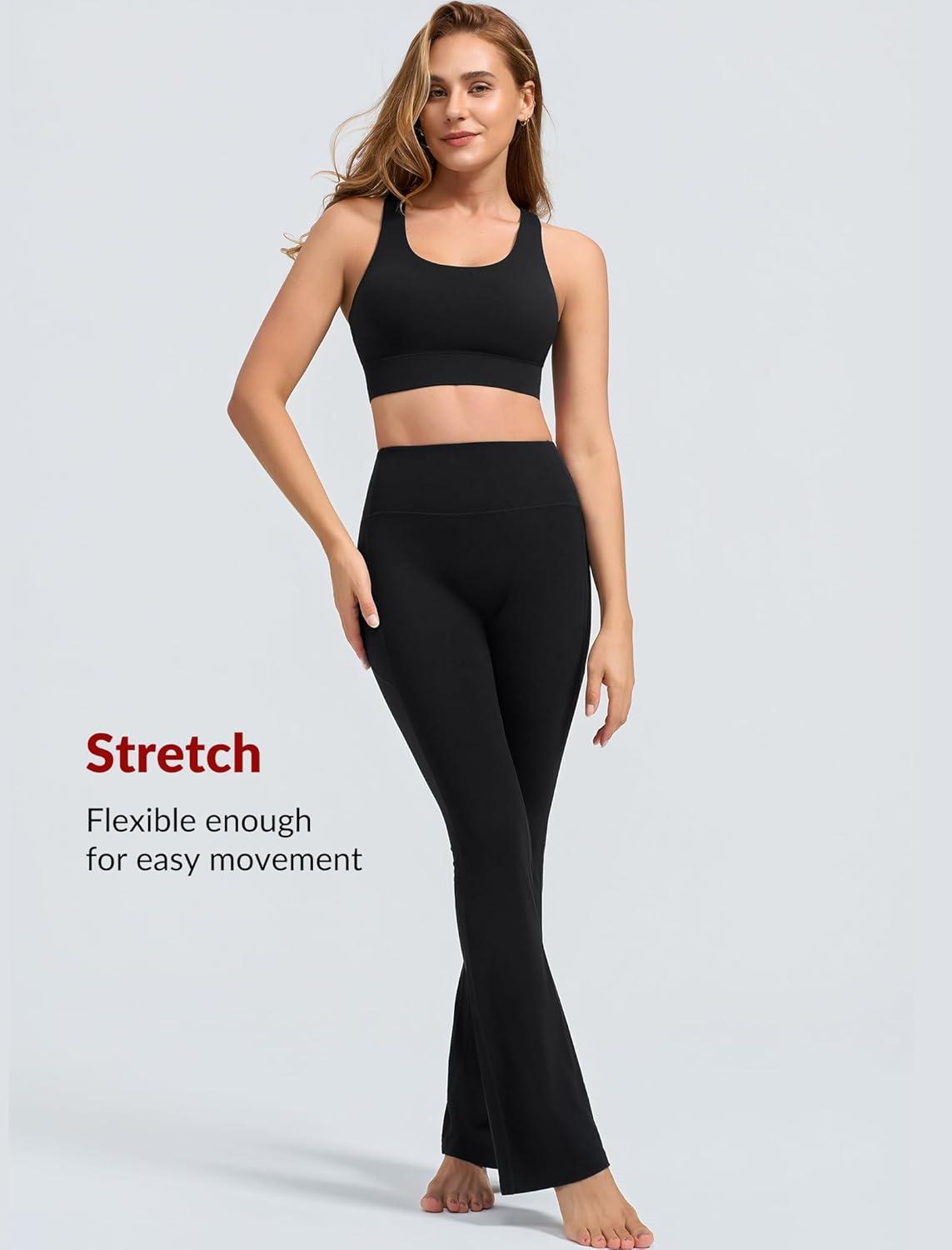 Yvette Flare Yoga Leggings for Women with Pockets High Waisted Tummy Control Non See Through Gym Workout Bootcut Pants(Black)