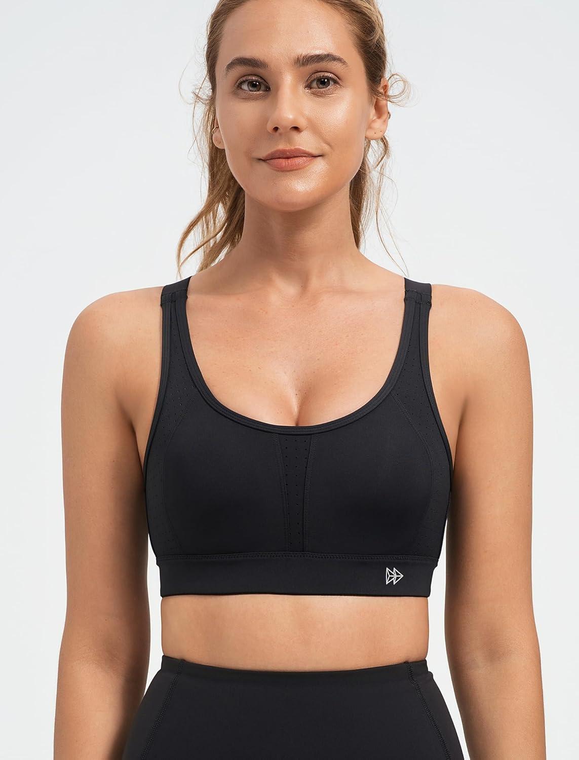 Yvette Supportive Sports Bra Adjustable Straps Plus Size Workout Running High Impact Sports Bras for Women Sewn in Pads(Black)