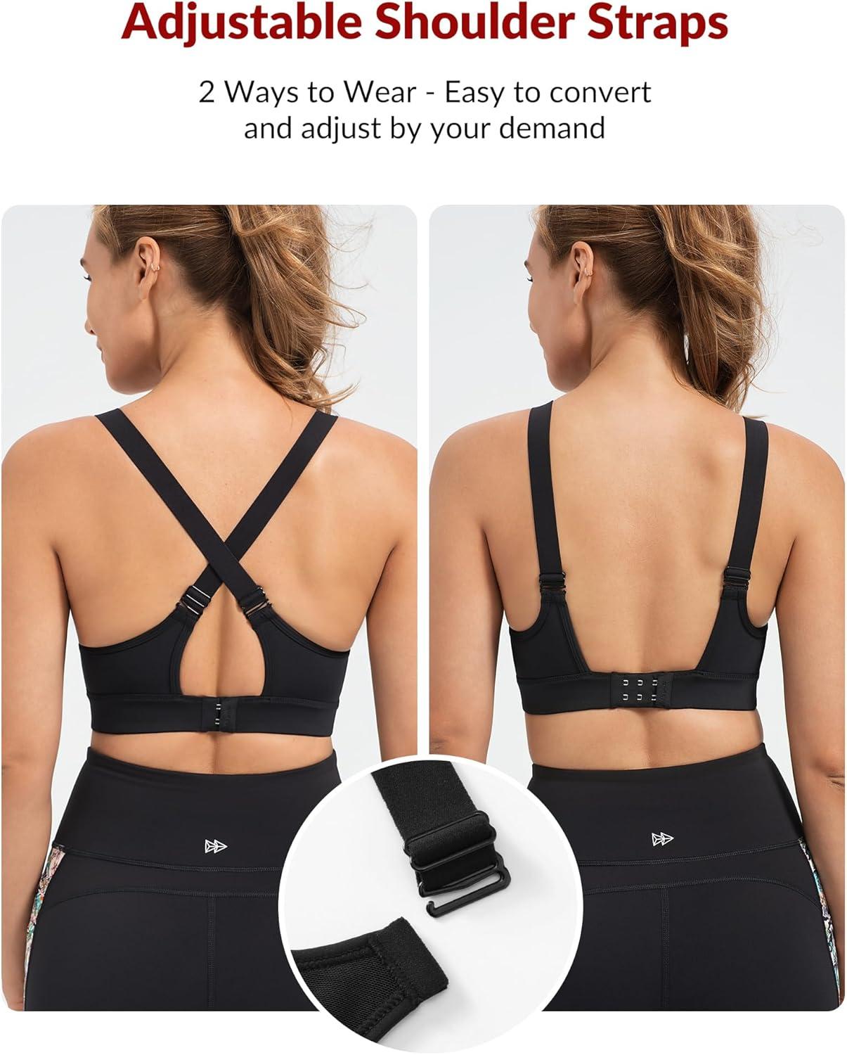 Yvette Supportive Sports Bra Adjustable Straps Plus Size Workout Running High Impact Sports Bras for Women Sewn in Pads(Black)