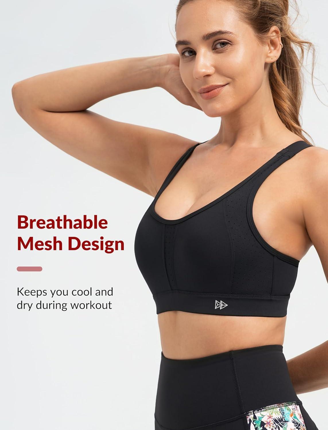 Yvette Supportive Sports Bra Adjustable Straps Plus Size Workout Running High Impact Sports Bras for Women Sewn in Pads(Black)