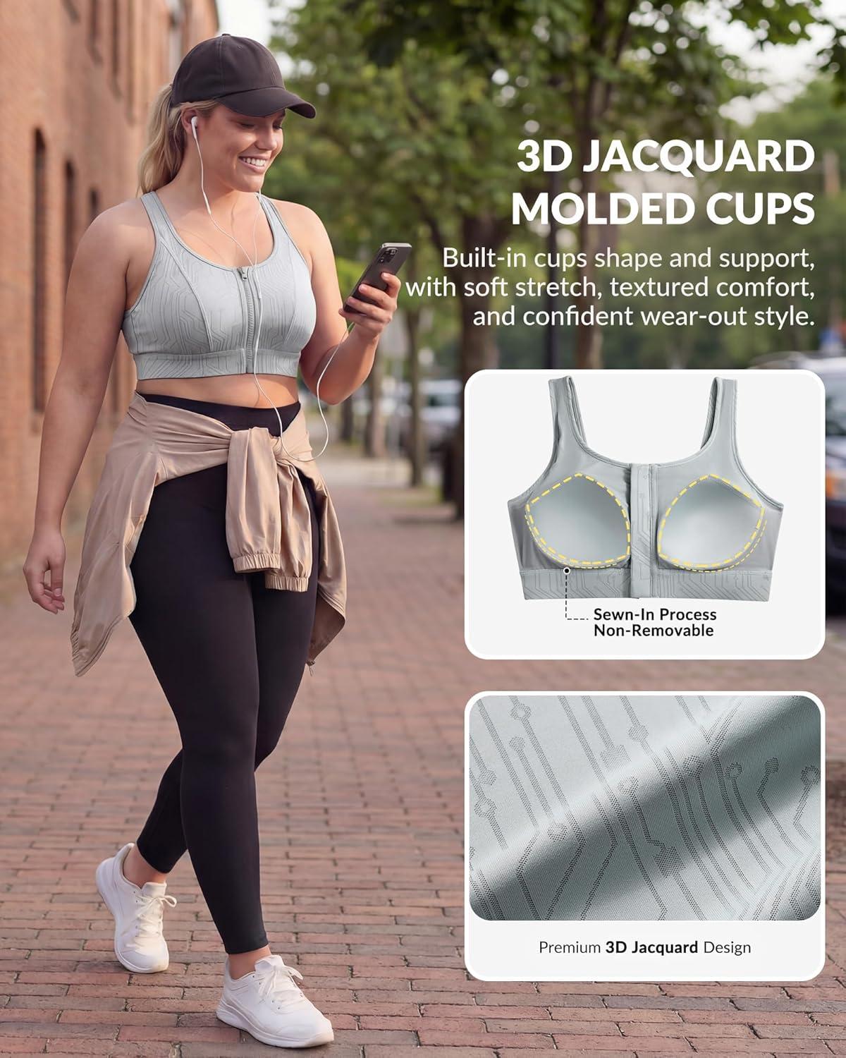 Yvette Front Zip Sports Bra for Women, High Support Full Coverage Workout Bra with Sewn-In Molded Cups, Wide Underband(Grey)