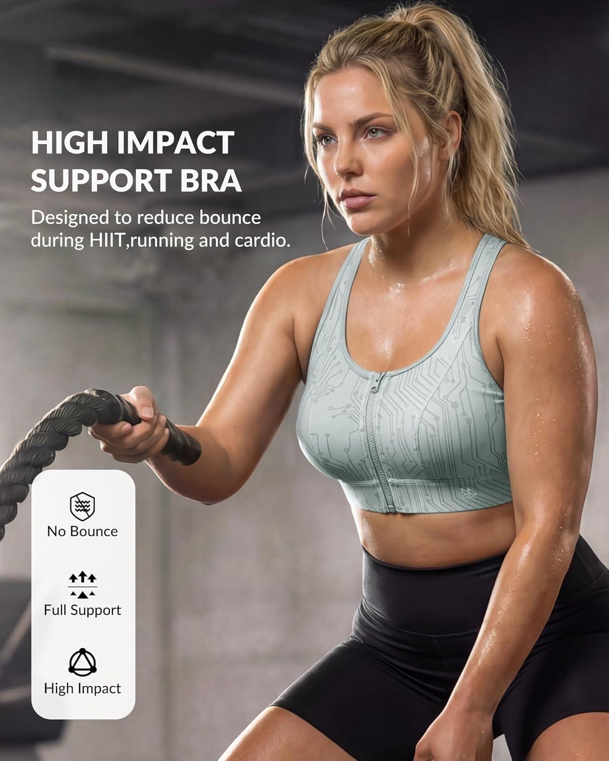 Yvette Front Zip Sports Bra for Women, High Support Full Coverage Workout Bra with Sewn-In Molded Cups, Wide Underband(Grey)