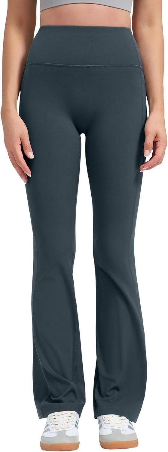 Yvette Flare Yoga Leggings for Women with Pockets High Waisted Tummy Control Non See Through Gym Workout Bootcut Pants(Haze Blue)
