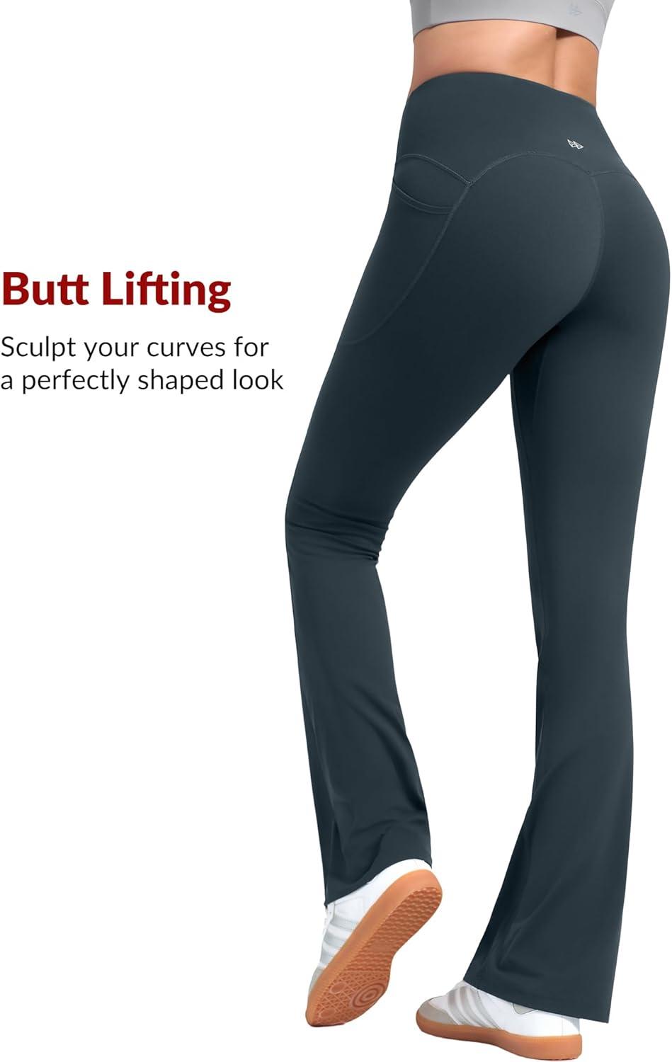 Yvette Flare Yoga Leggings for Women with Pockets High Waisted Tummy Control Non See Through Gym Workout Bootcut Pants(Haze Blue)