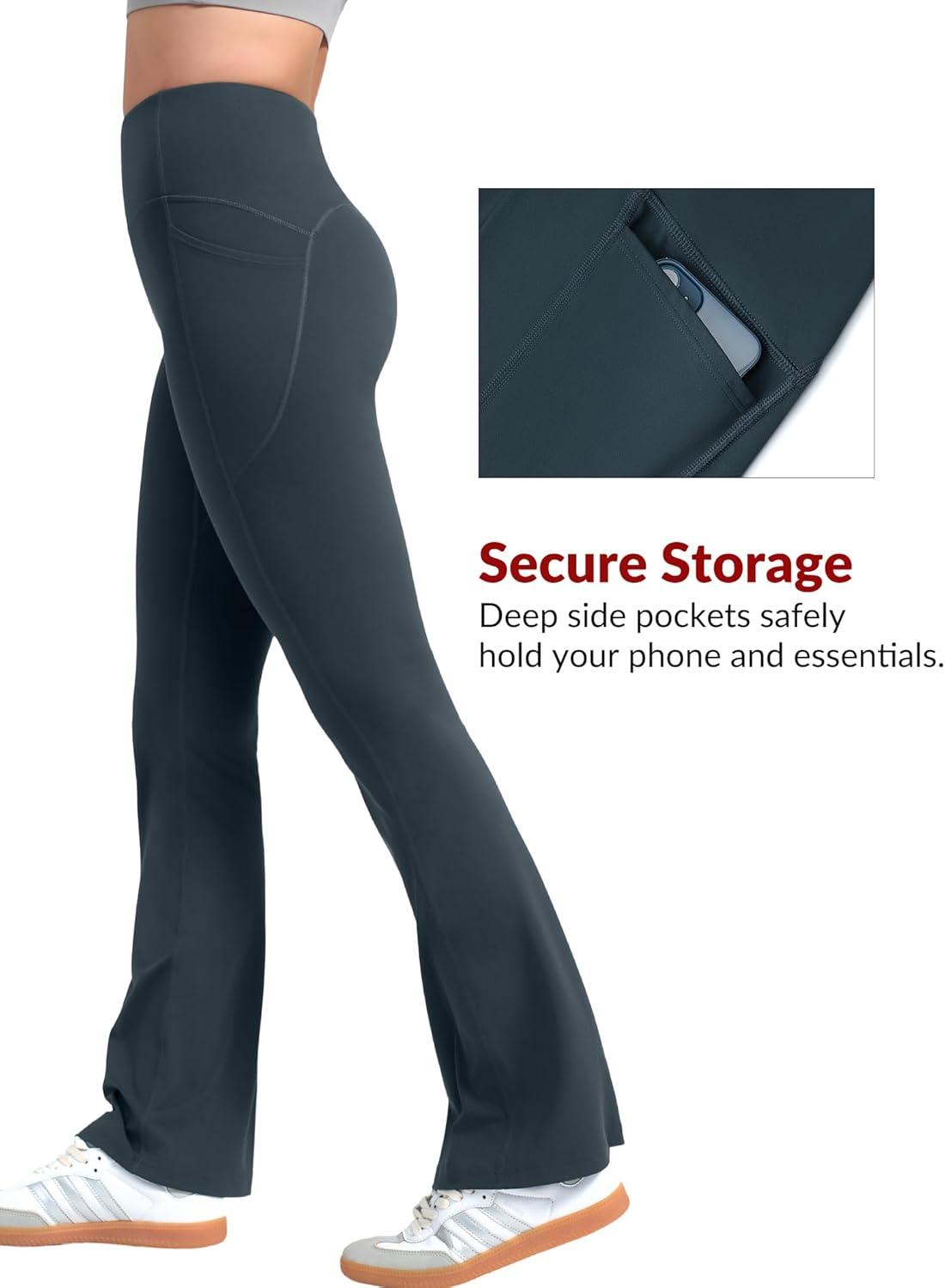 Yvette Flare Yoga Leggings for Women with Pockets High Waisted Tummy Control Non See Through Gym Workout Bootcut Pants(Haze Blue)