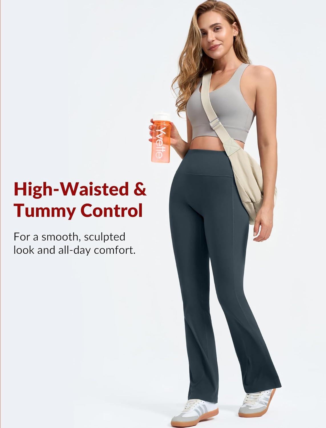 Yvette Flare Yoga Leggings for Women with Pockets High Waisted Tummy Control Non See Through Gym Workout Bootcut Pants(Haze Blue)