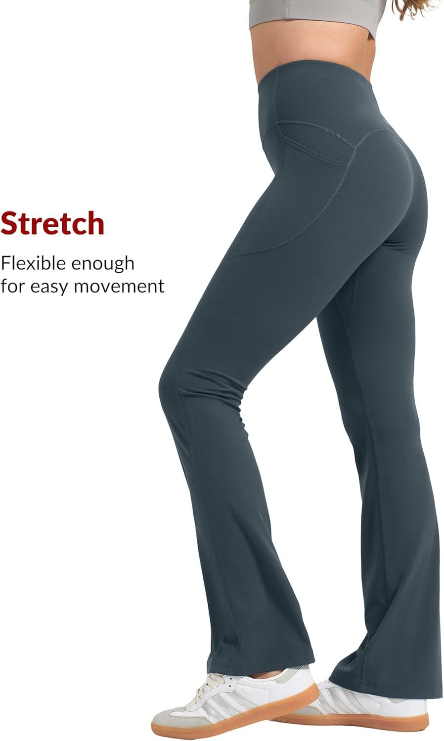 Yvette Flare Yoga Leggings for Women with Pockets High Waisted Tummy Control Non See Through Gym Workout Bootcut Pants(Haze Blue)