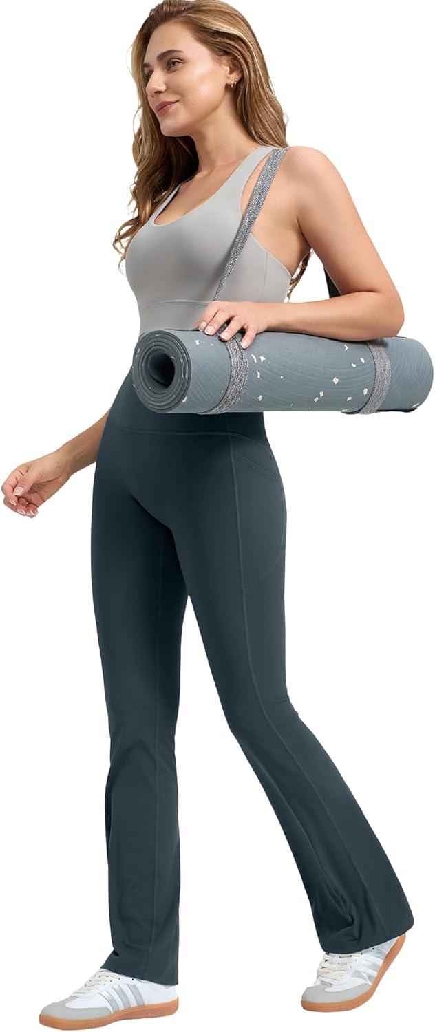Yvette Flare Yoga Leggings for Women with Pockets High Waisted Tummy Control Non See Through Gym Workout Bootcut Pants(Haze Blue)