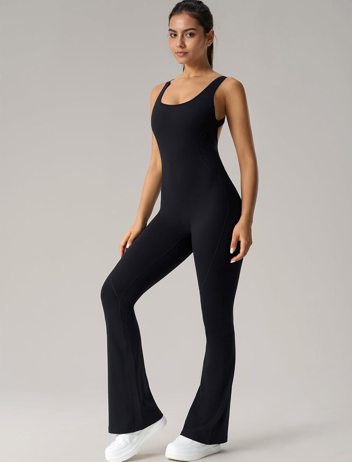 Yvette Women’s Backless Jumpsuits Built in Bra Gym Workout Yoga Rompers Flare Leggings Bodycon Bodysuits(Black)