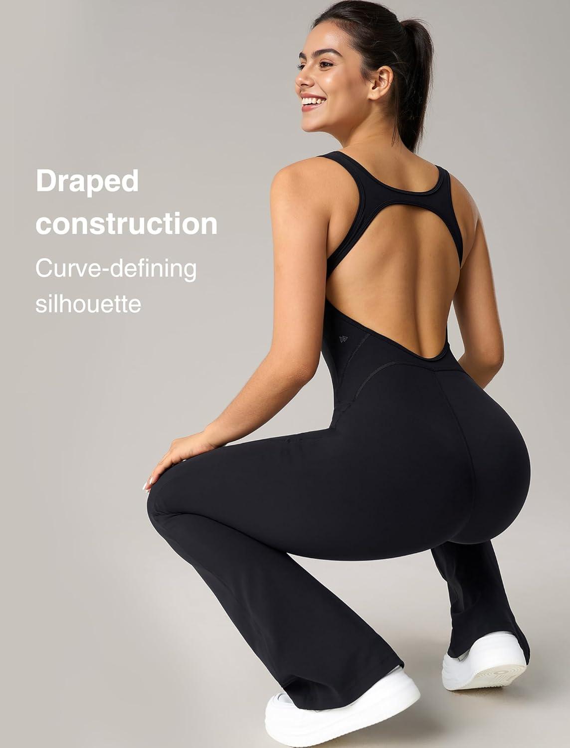 Yvette Women’s Backless Jumpsuits Built in Bra Gym Workout Yoga Rompers Flare Leggings Bodycon Bodysuits(Black)