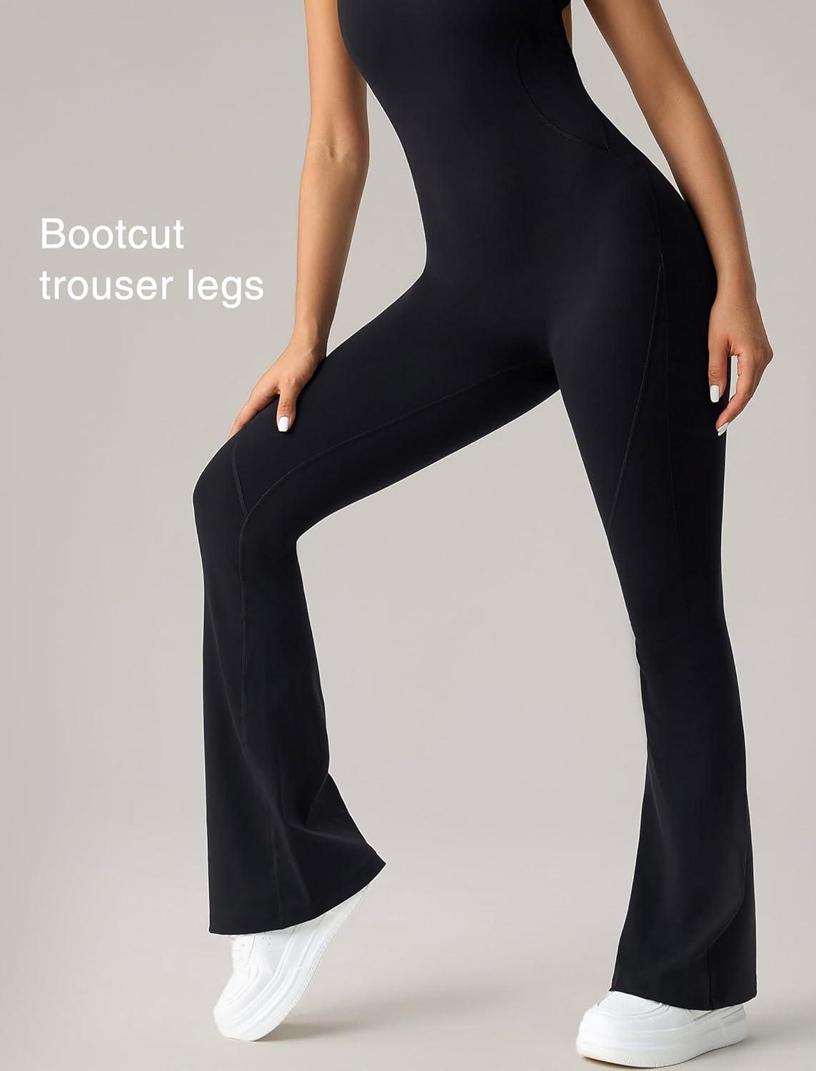 Yvette Women’s Backless Jumpsuits Built in Bra Gym Workout Yoga Rompers Flare Leggings Bodycon Bodysuits(Black)