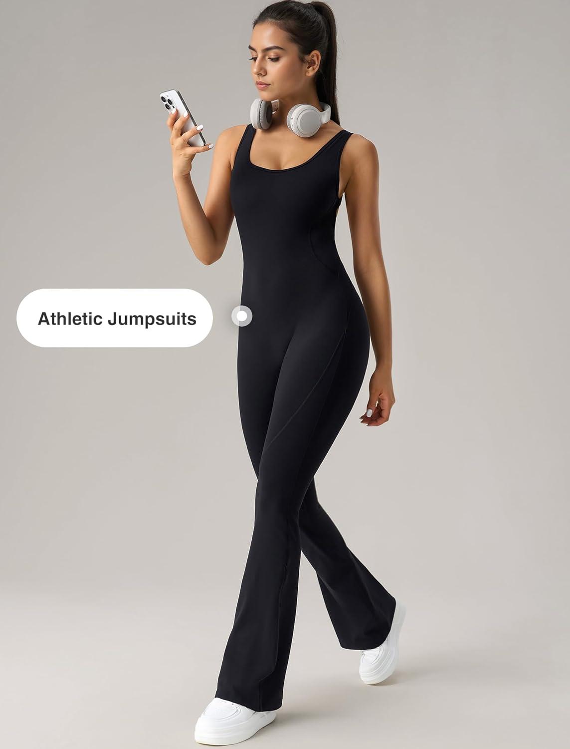 Yvette Women’s Backless Jumpsuits Built in Bra Gym Workout Yoga Rompers Flare Leggings Bodycon Bodysuits(Black)