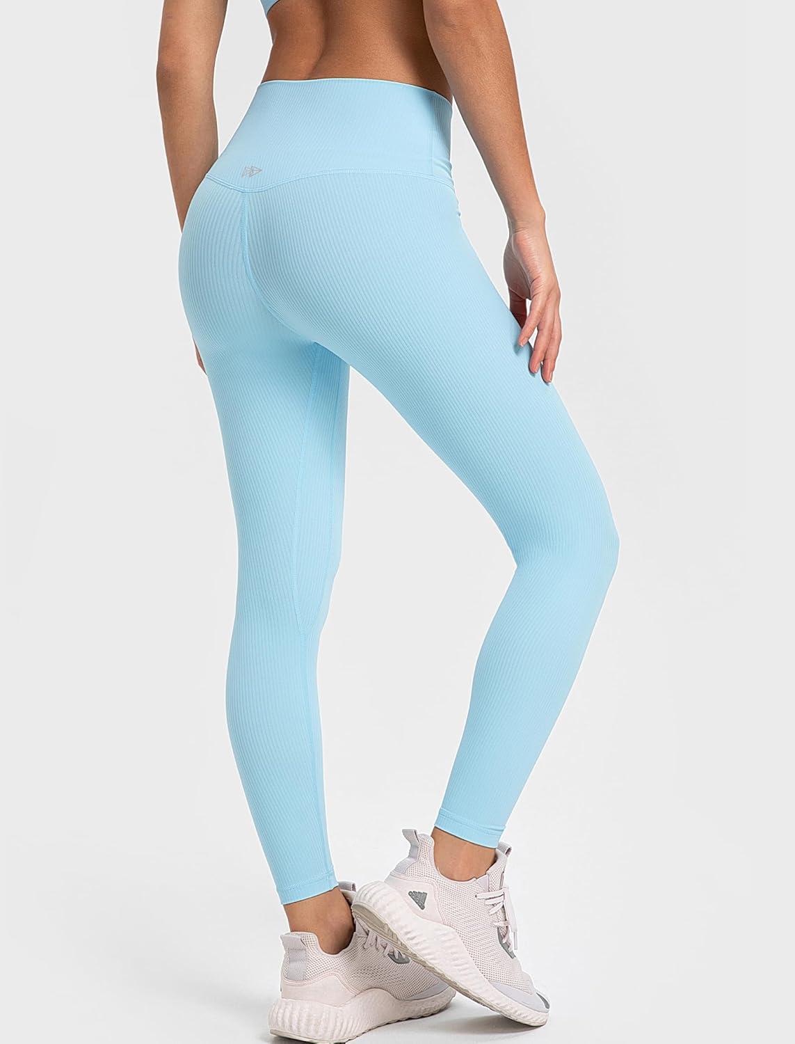 Yvette Tummy Control Workout Leggings for Women High Waisted Yoga Pants Rib Knit Non See-Through(Light Blue)