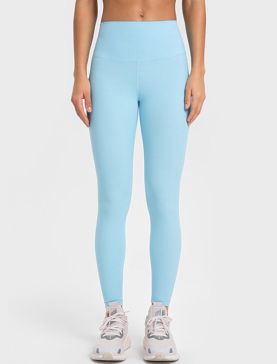 Yvette Tummy Control Workout Leggings for Women High Waisted Yoga Pants Rib Knit Non See-Through(Light Blue)