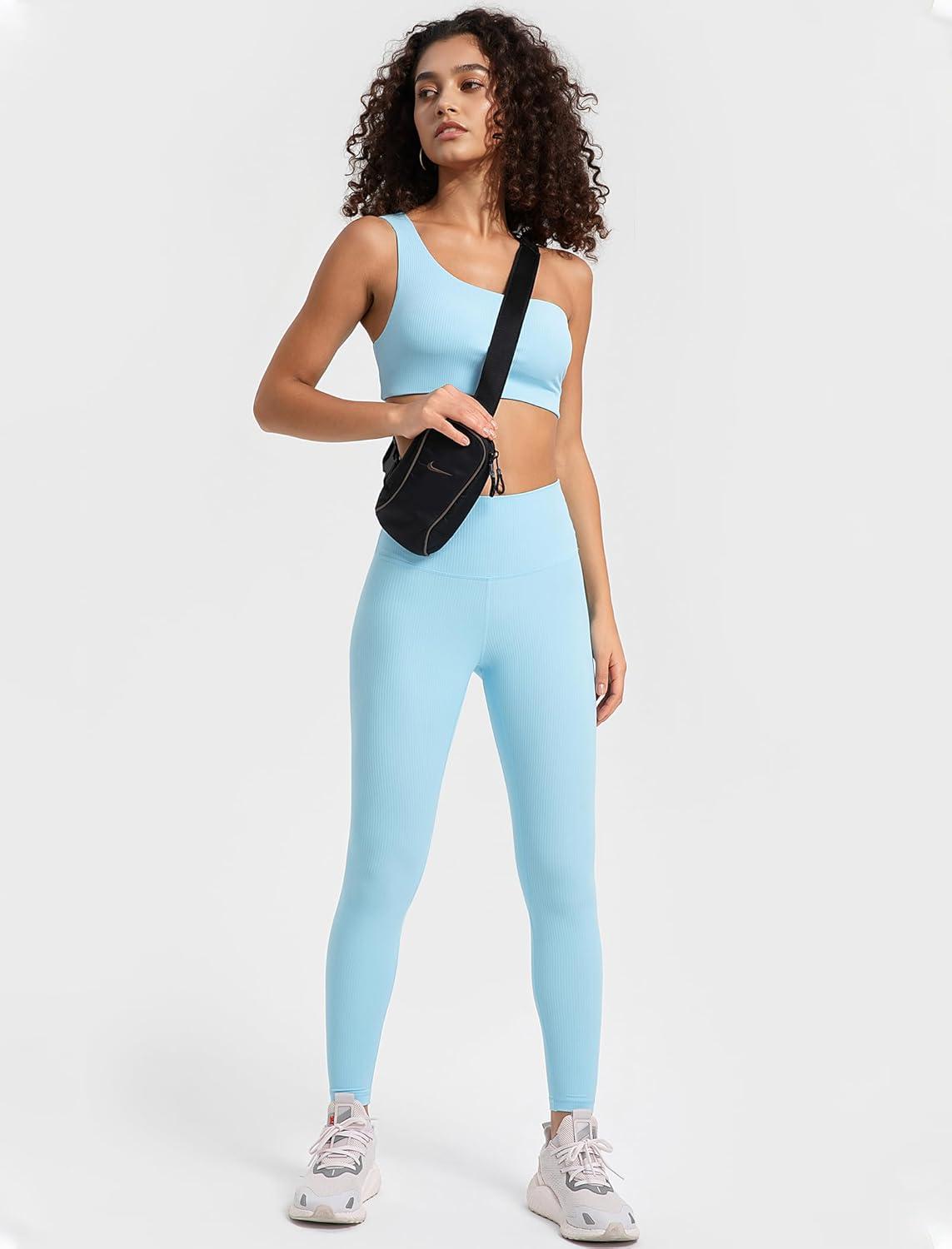 Yvette Tummy Control Workout Leggings for Women High Waisted Yoga Pants Rib Knit Non See-Through(Light Blue)