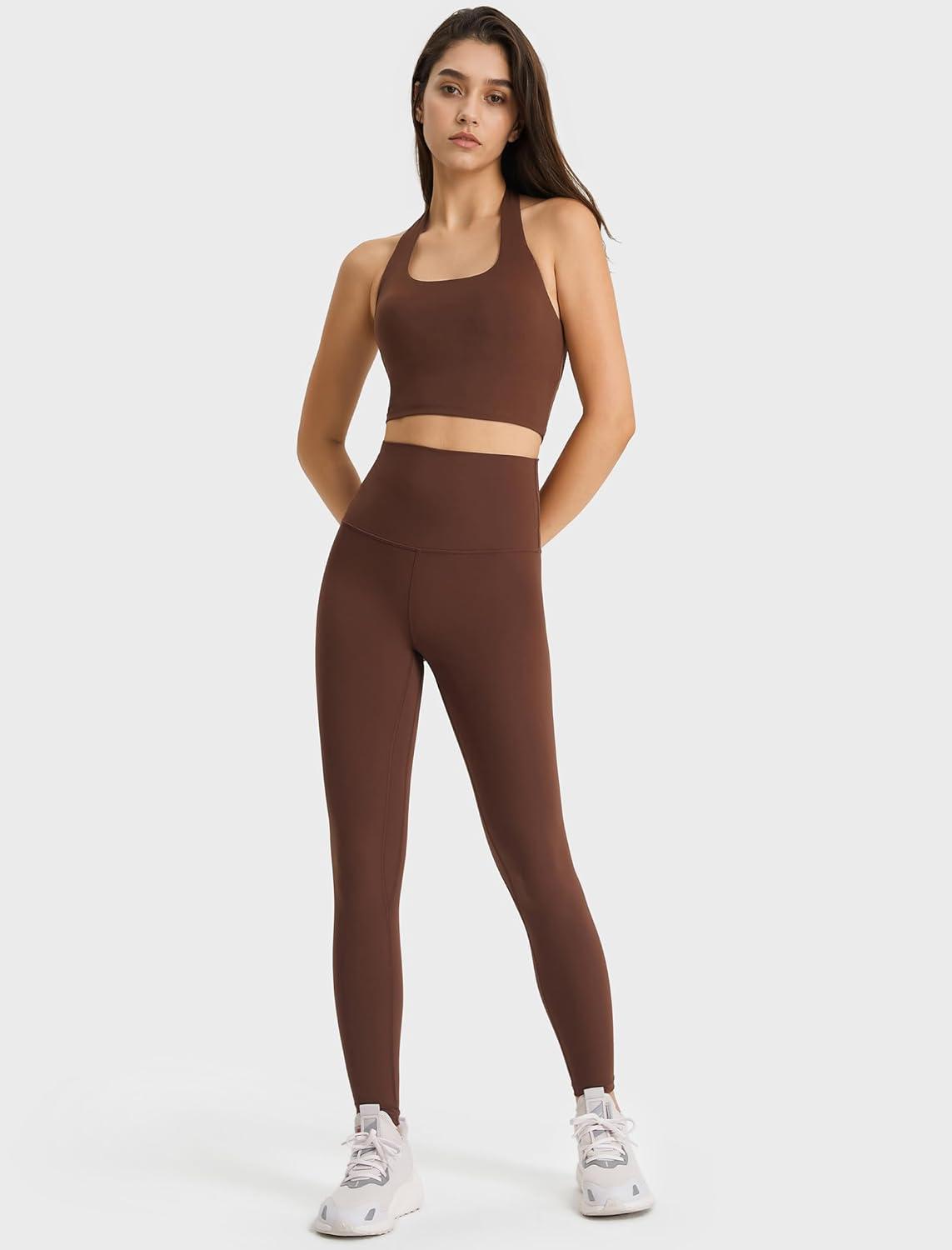 Yvette Womens High Waist Athletic Leggings with Inner Pockets Tummy Control Tights(Coffee Brown)