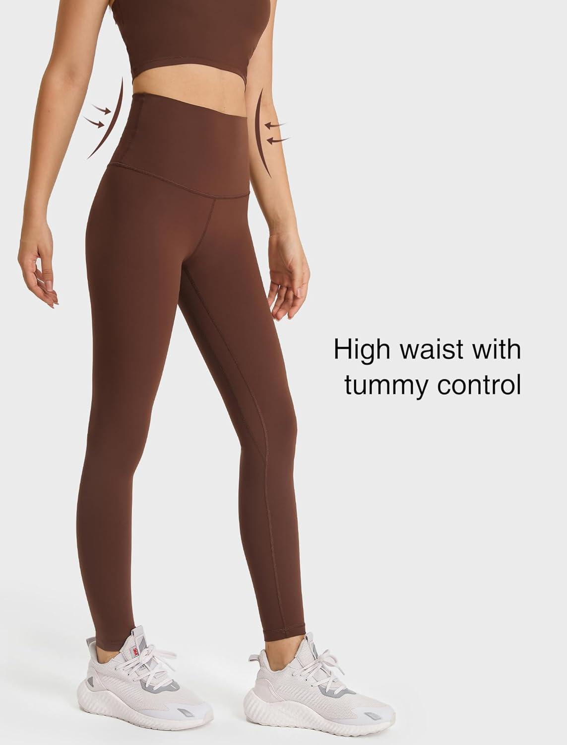Yvette Womens High Waist Athletic Leggings with Inner Pockets Tummy Control Tights(Coffee Brown)