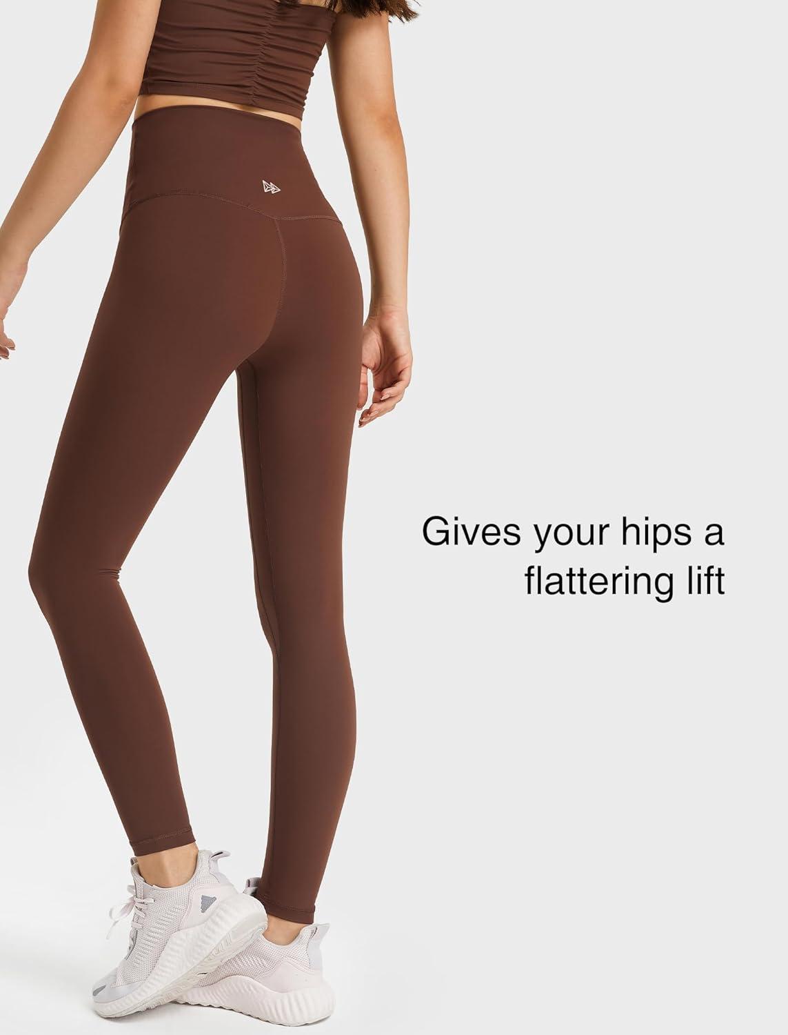 Yvette Womens High Waist Athletic Leggings with Inner Pockets Tummy Control Tights(Coffee Brown)