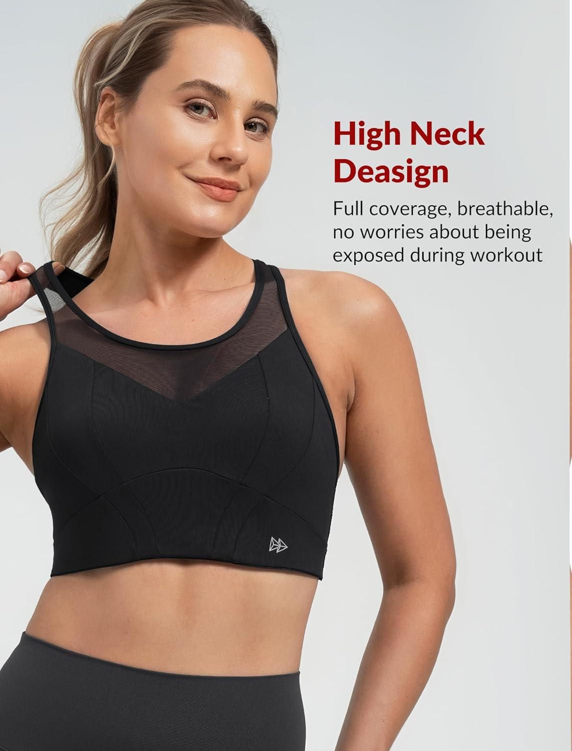 Yvette Racerback High Neck Sports Bra High Support Sports Bras for Women No Bounce Soft Moisture Wicking Supportive Running(Black)