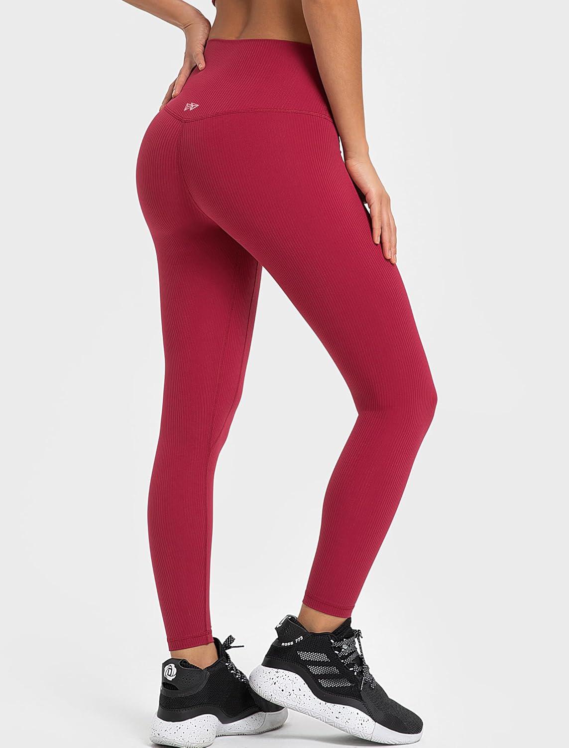 Yvette Tummy Control Workout Leggings for Women High Waisted Yoga Pants Rib Knit Non See-Through(Rose Red)