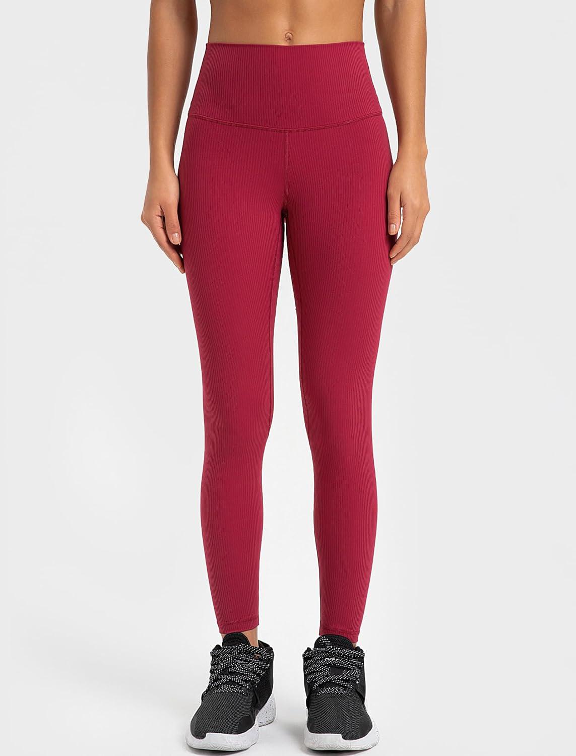 Yvette Tummy Control Workout Leggings for Women High Waisted Yoga Pants Rib Knit Non See-Through(Rose Red)