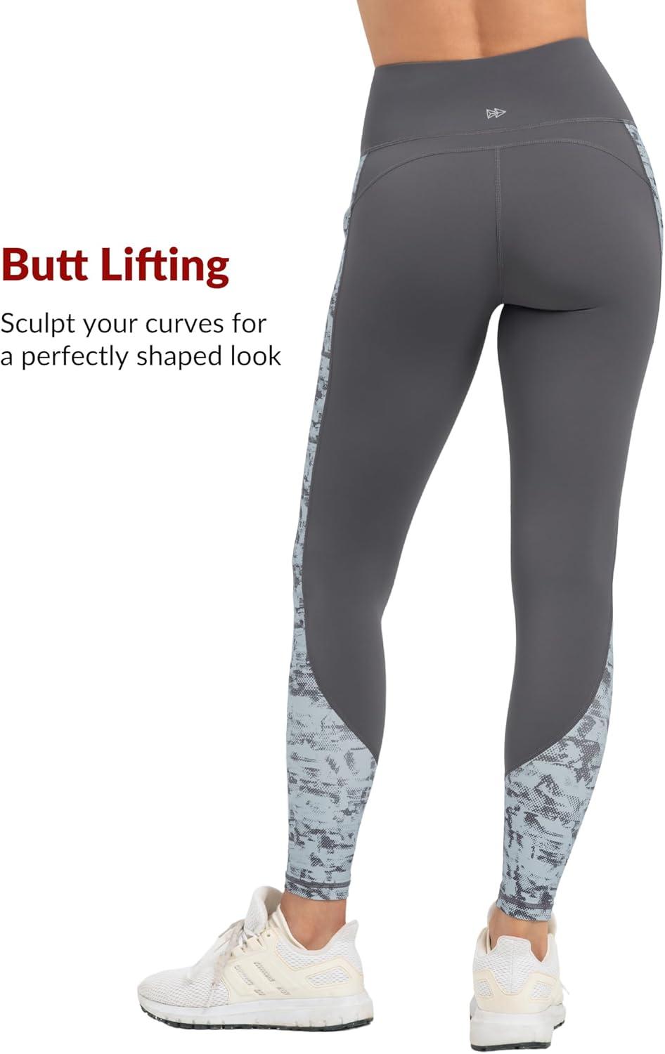Yvette Women’s Workout Leggings with Pockets High Waisted Stretchy Printed Yoga Pants Non See-Through Tummy Control(Grey)