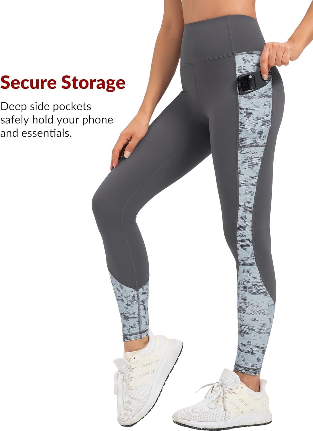Yvette Women’s Workout Leggings with Pockets High Waisted Stretchy Printed Yoga Pants Non See-Through Tummy Control(Grey)
