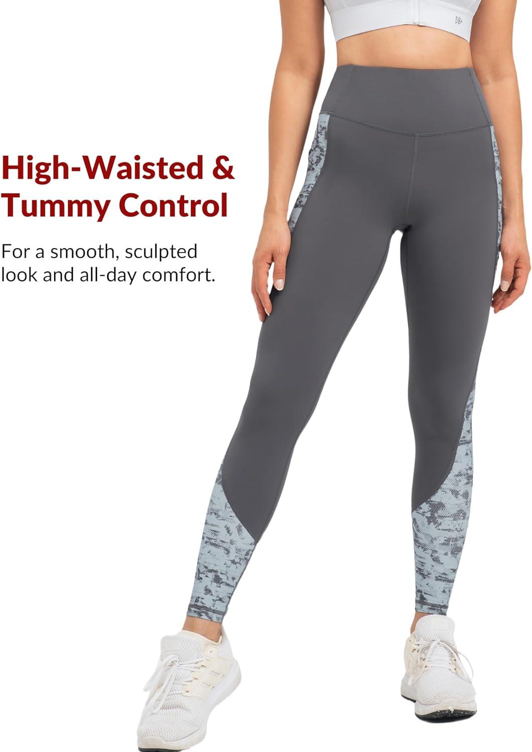 Yvette Women’s Workout Leggings with Pockets High Waisted Stretchy Printed Yoga Pants Non See-Through Tummy Control(Grey)
