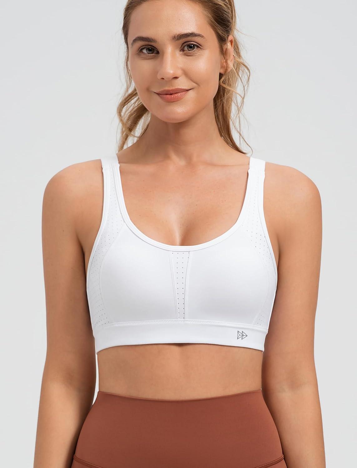 Yvette Supportive Sports Bra Adjustable Straps Plus Size Workout Running High Impact Sports Bras for Women Sewn in Pads(White)