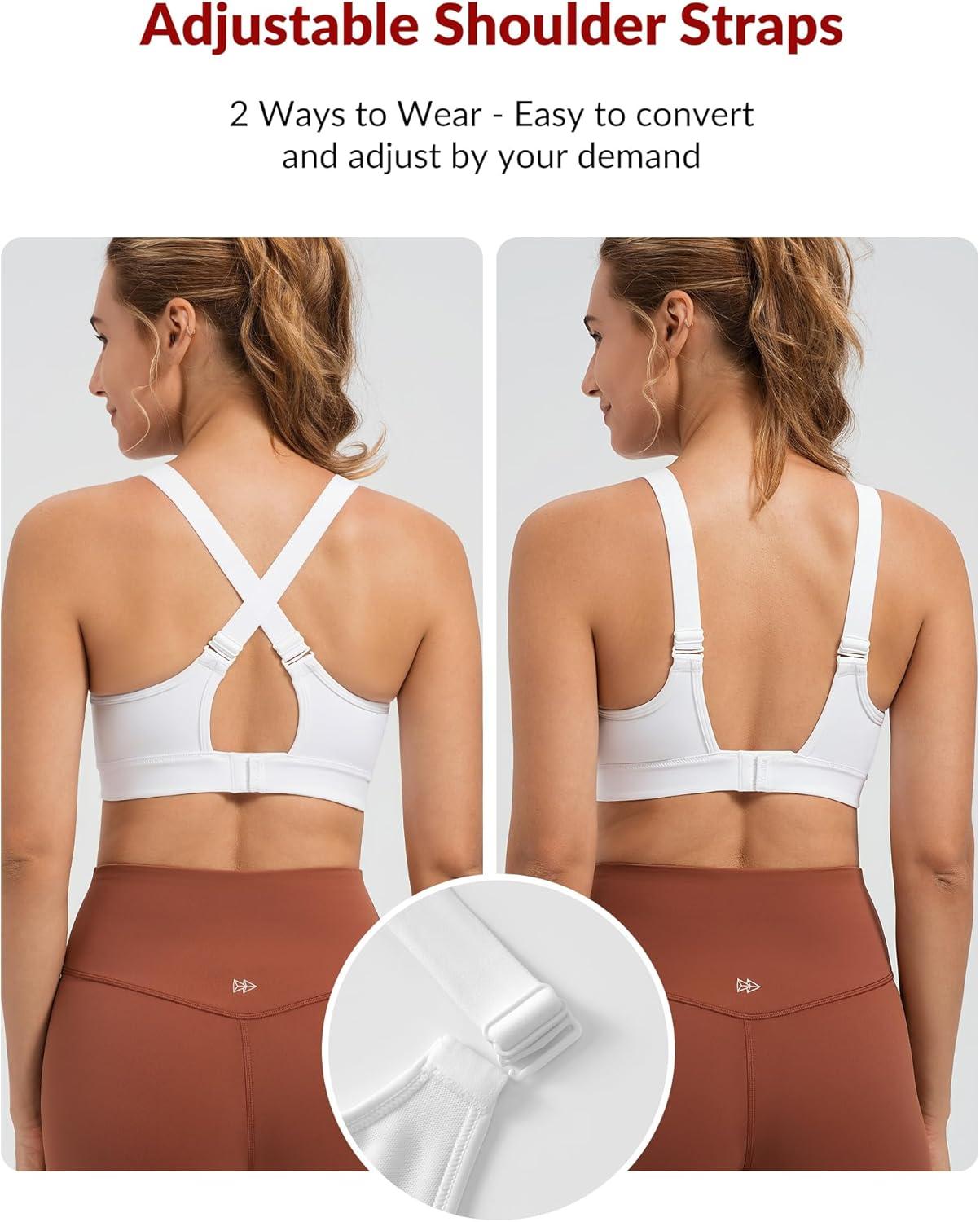 Yvette Supportive Sports Bra Adjustable Straps Plus Size Workout Running High Impact Sports Bras for Women Sewn in Pads(White)