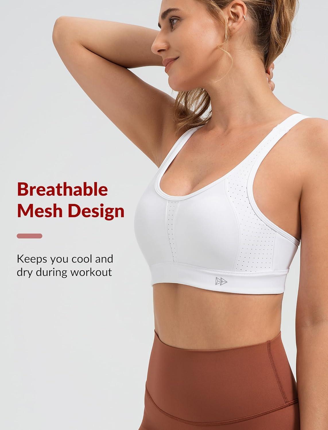 Yvette Supportive Sports Bra Adjustable Straps Plus Size Workout Running High Impact Sports Bras for Women Sewn in Pads(White)