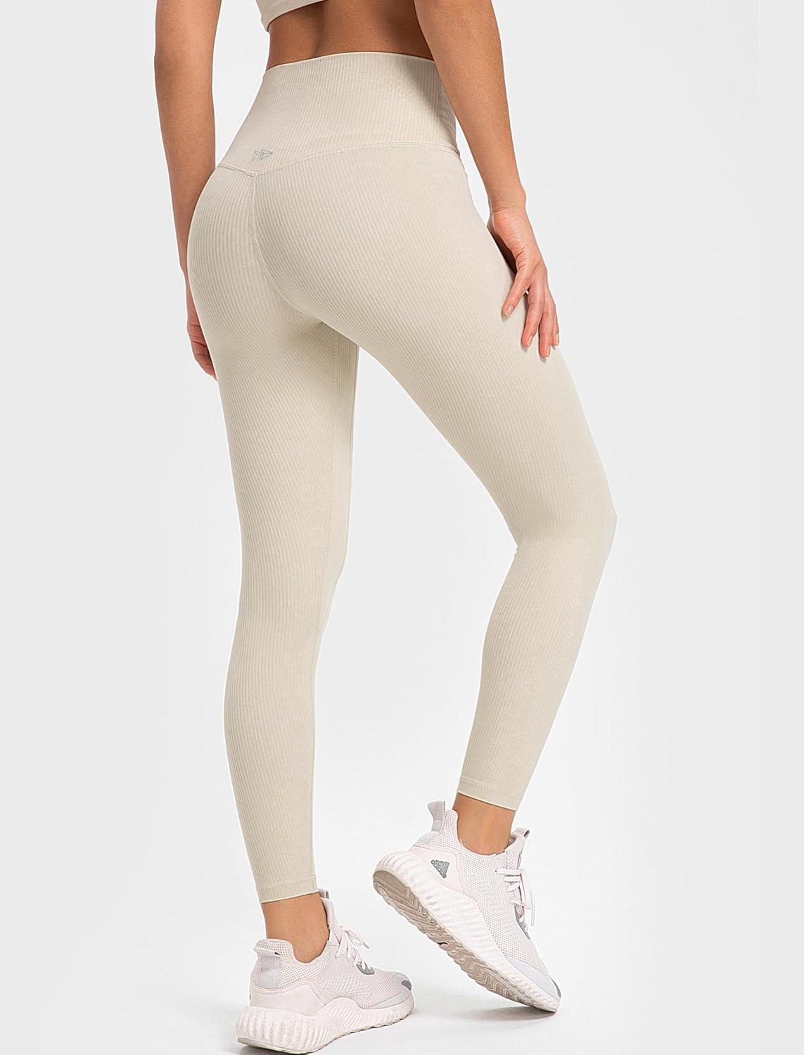 Yvette Tummy Control Workout Leggings for Women High Waisted Yoga Pants Rib Knit Non See-Through(Off-white)