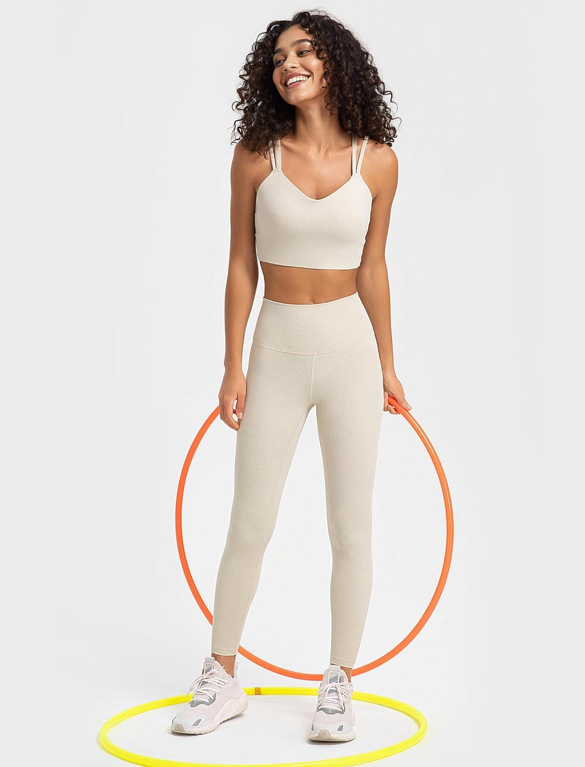 Yvette Tummy Control Workout Leggings for Women High Waisted Yoga Pants Rib Knit Non See-Through(Off-white)