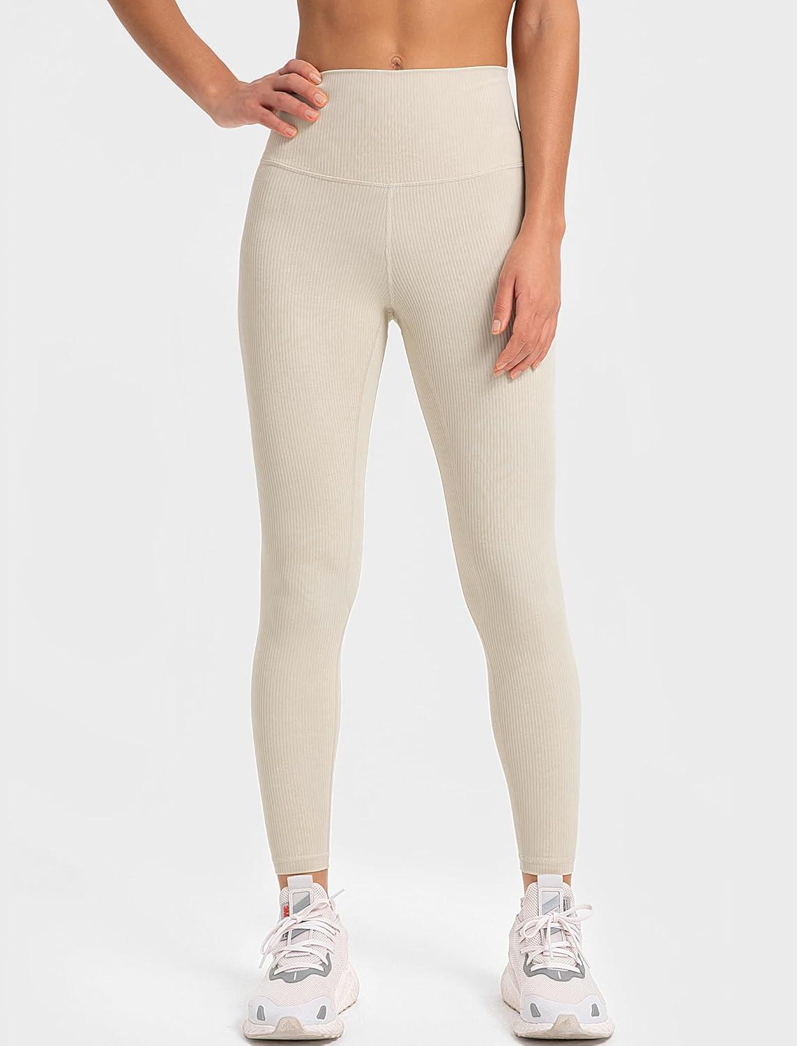 Yvette Tummy Control Workout Leggings for Women High Waisted Yoga Pants Rib Knit Non See-Through(Off-white)