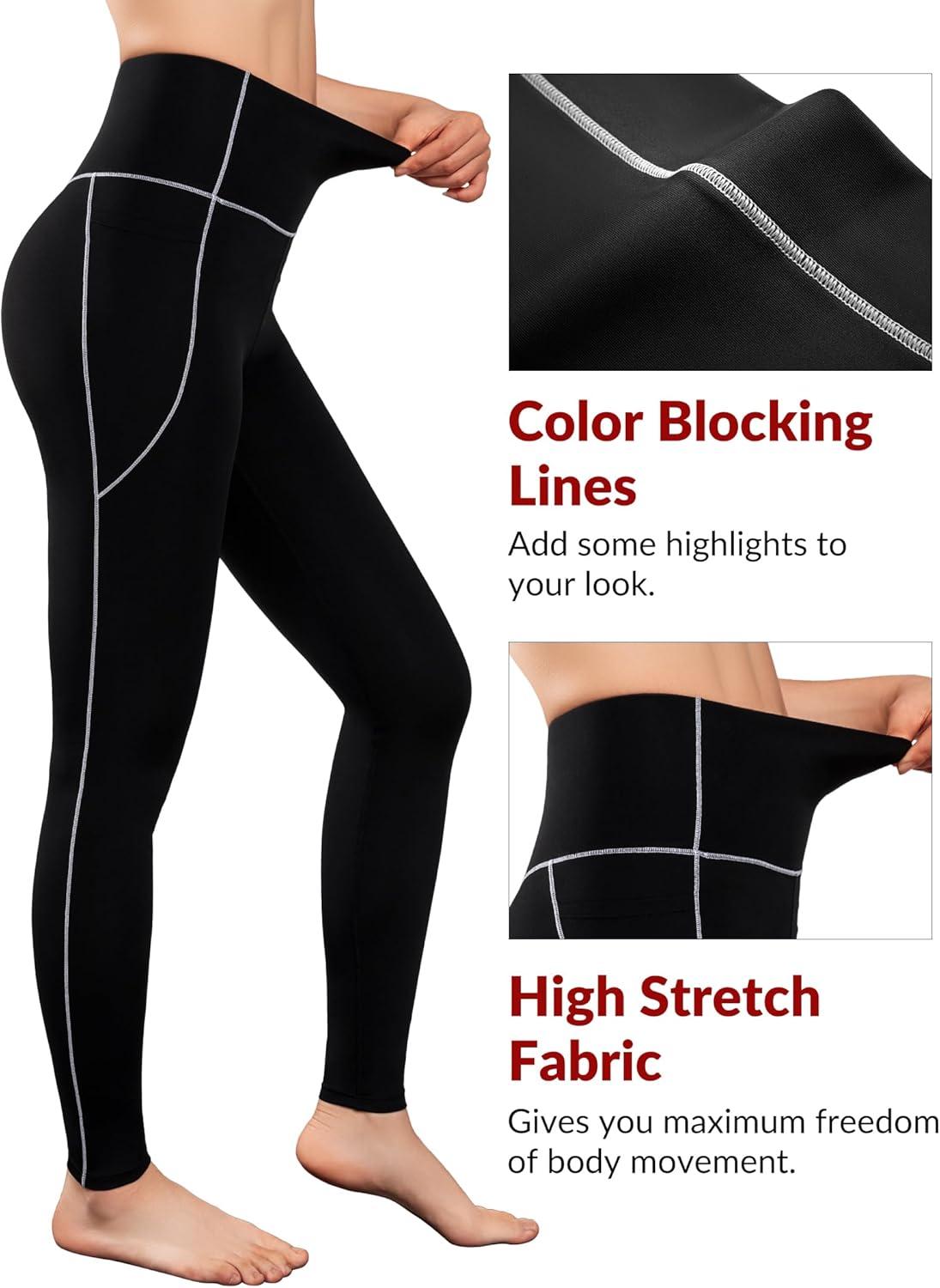 Yvette High Waisted Leggings with Pockets for Women Tummy Control Color Blocking Yoga Pants for Gym Running Workout(Black)