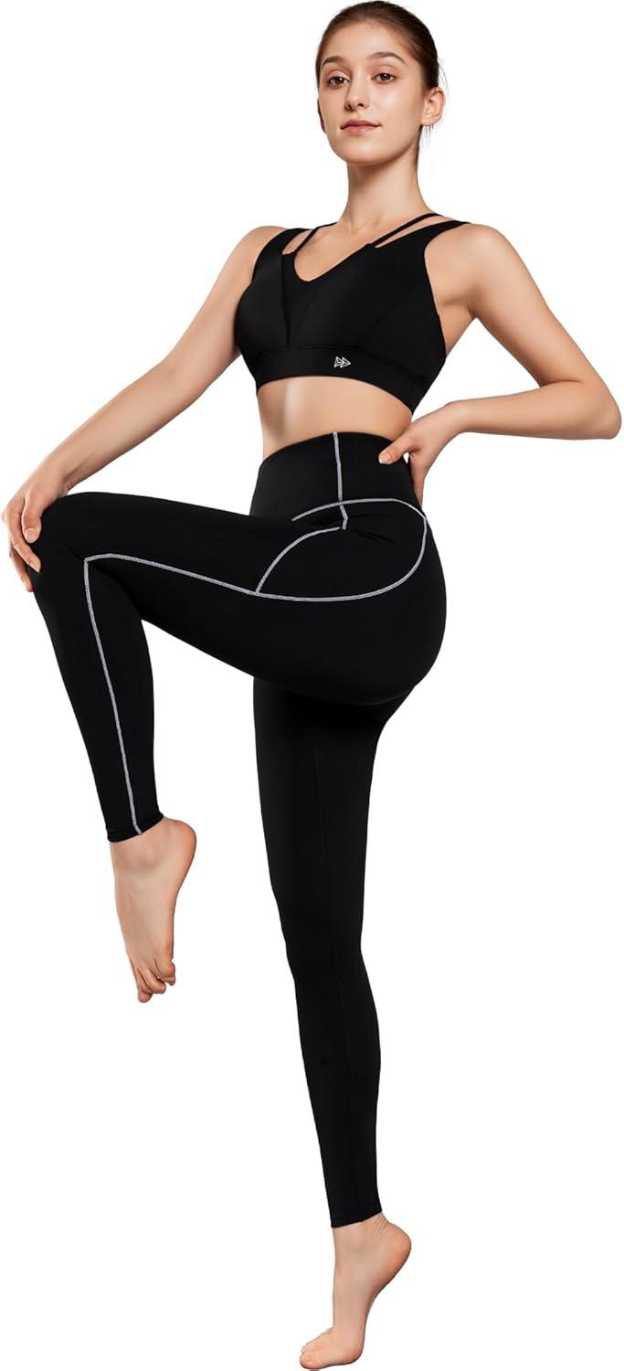 Yvette High Waisted Leggings with Pockets for Women Tummy Control Color Blocking Yoga Pants for Gym Running Workout(Black)