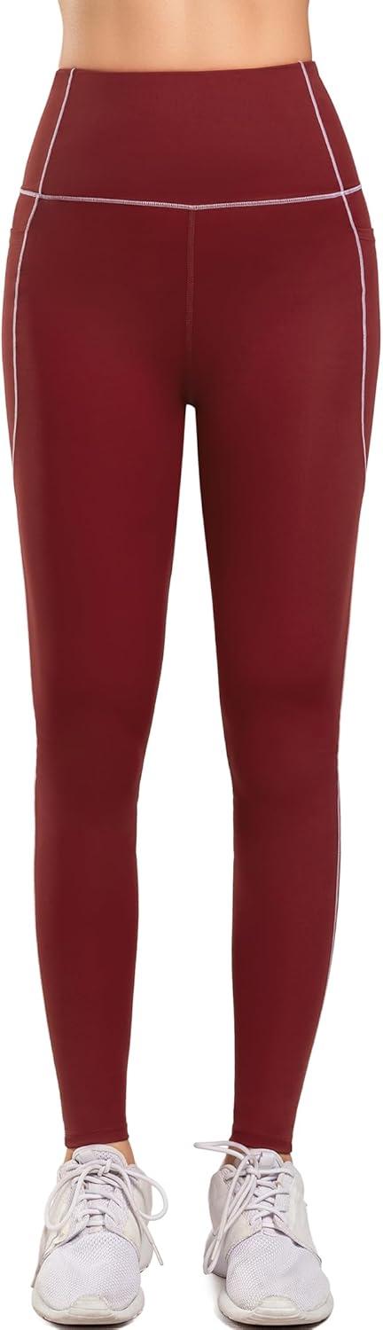 Yvette High Waisted Leggings with Pockets for Women Tummy Control Color Blocking Yoga Pants for Gym Running Workout(Burgundy)