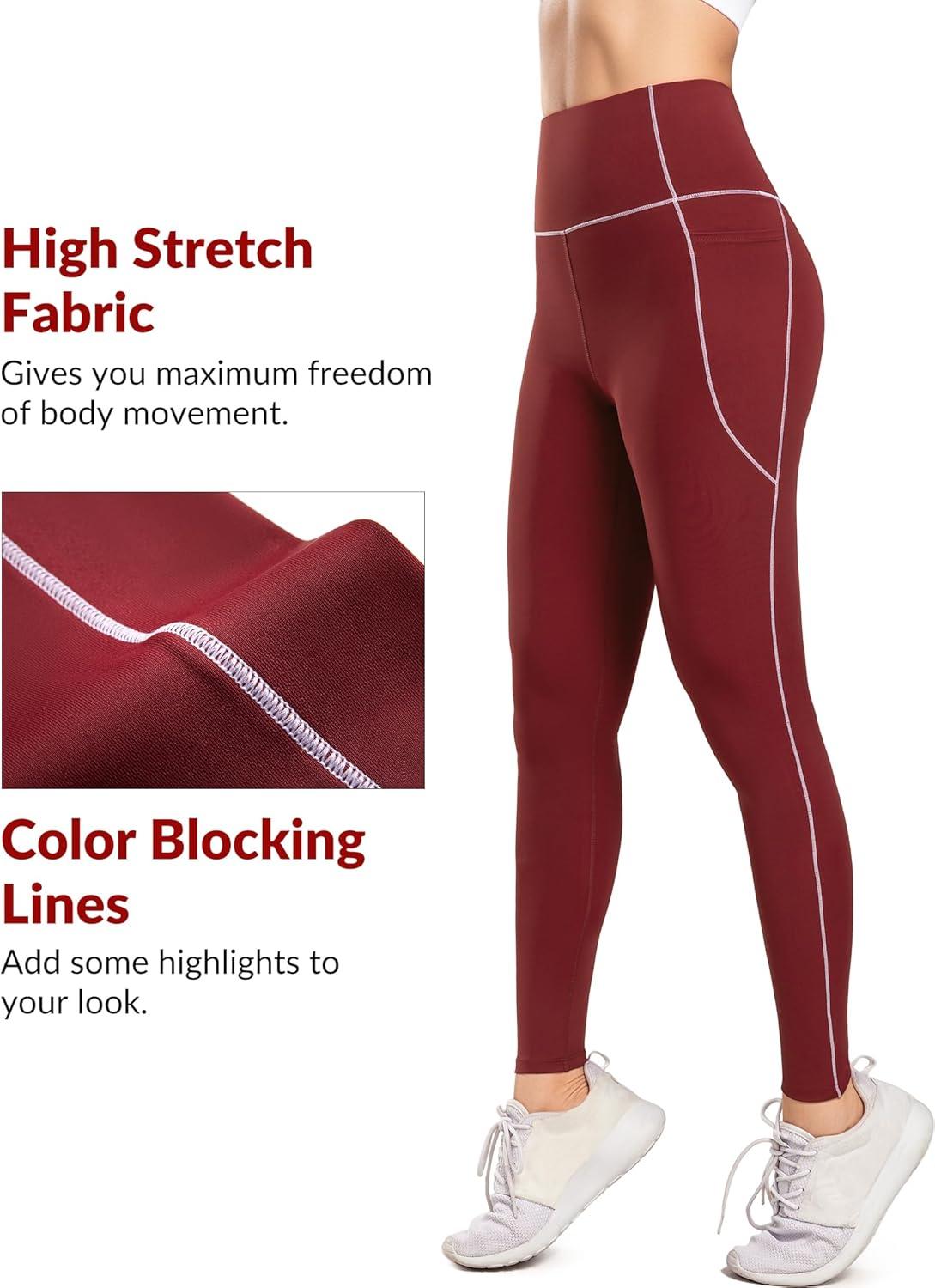 Yvette High Waisted Leggings with Pockets for Women Tummy Control Color Blocking Yoga Pants for Gym Running Workout(Burgundy)